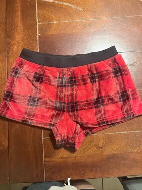 PINK Plaid Fleece Lounge Shorts - Red
